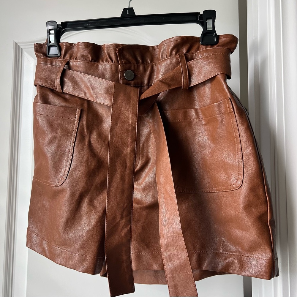 Brown Leather High Waisted Tie Shorts